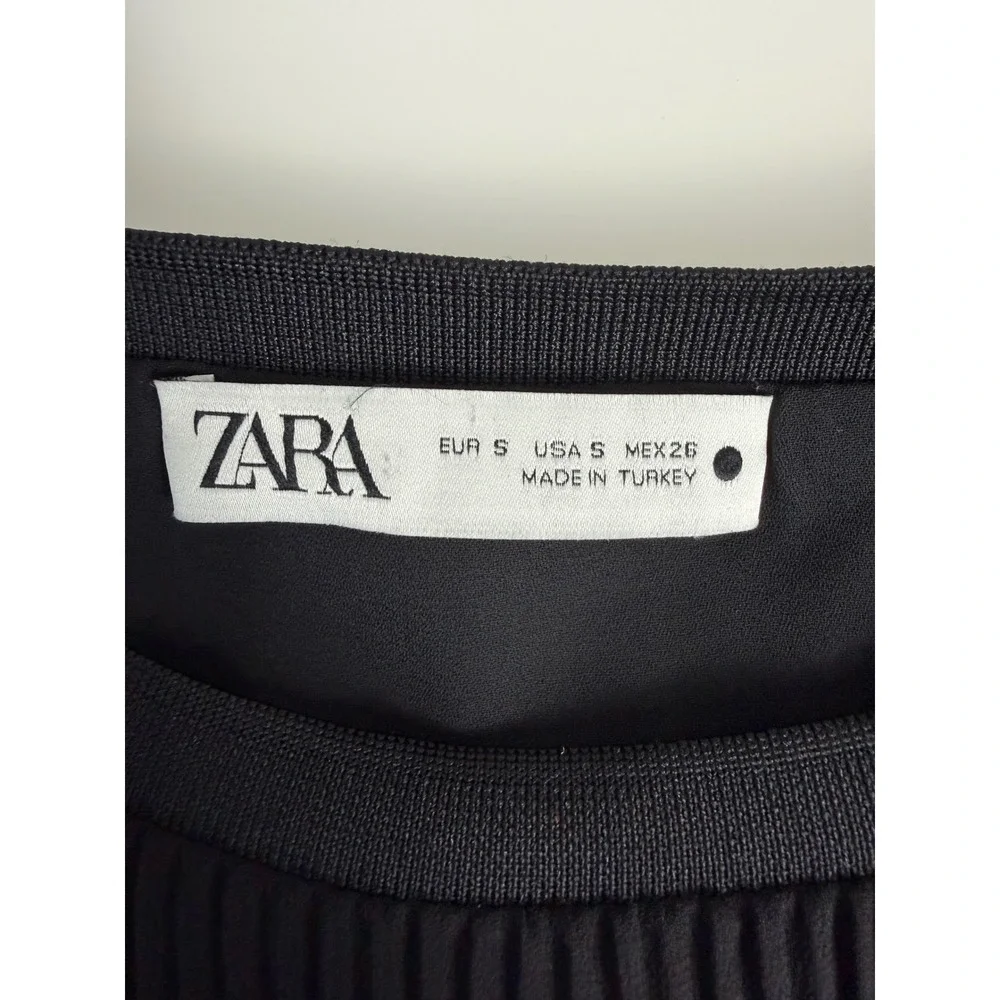 Zara Women Chiffon Mini Dress S Black Pleated Oversized Long Sleeve Shift Lined